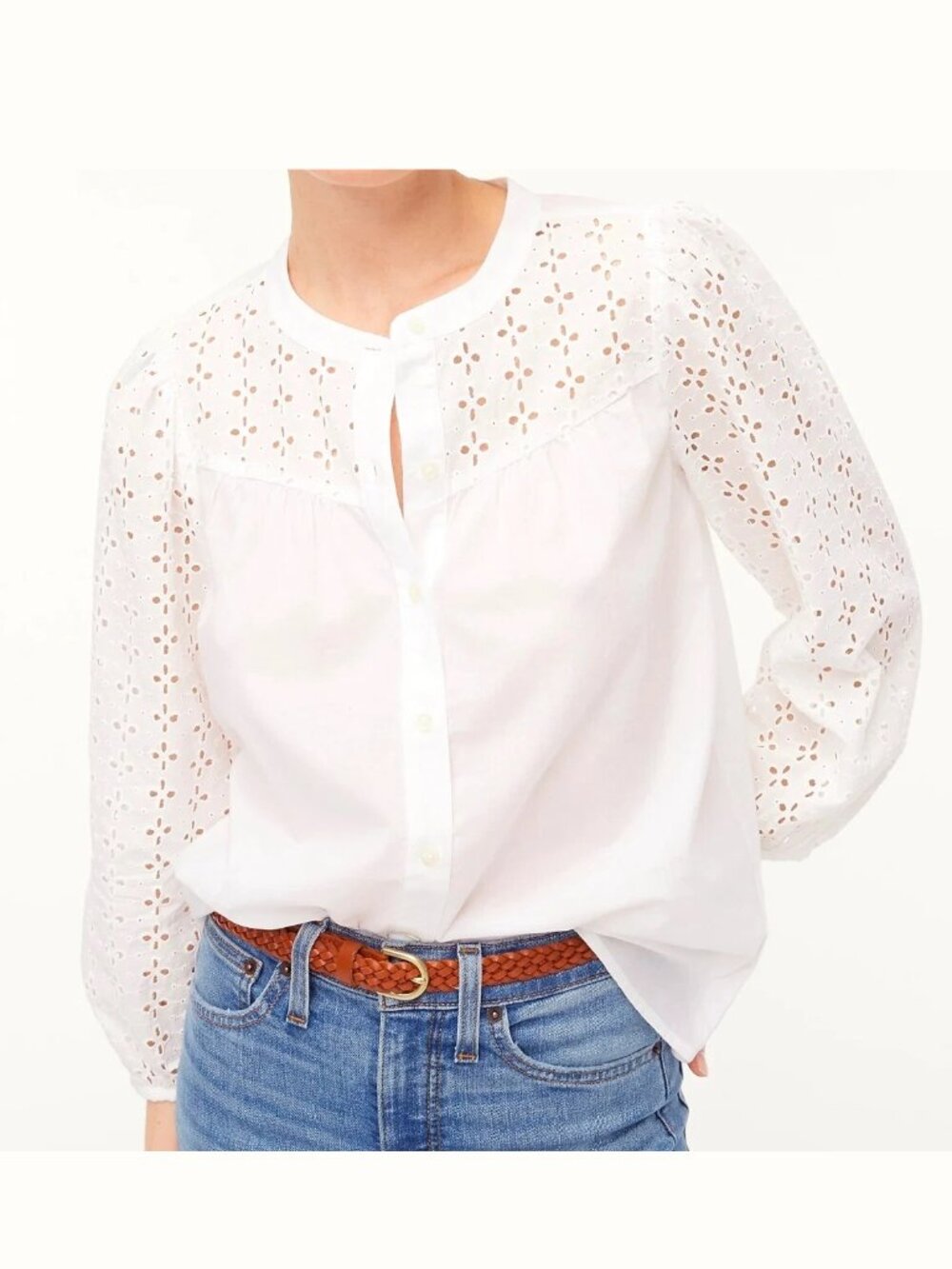 J. Crew Mixed Media Eyelet Embroidery 3/4 Sleeve Solid Button Front Top Shirt SP